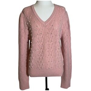 Nanette Lepore Pink Pearl Bead Knit V-Neck Sweater Womens Size Large L Coquette